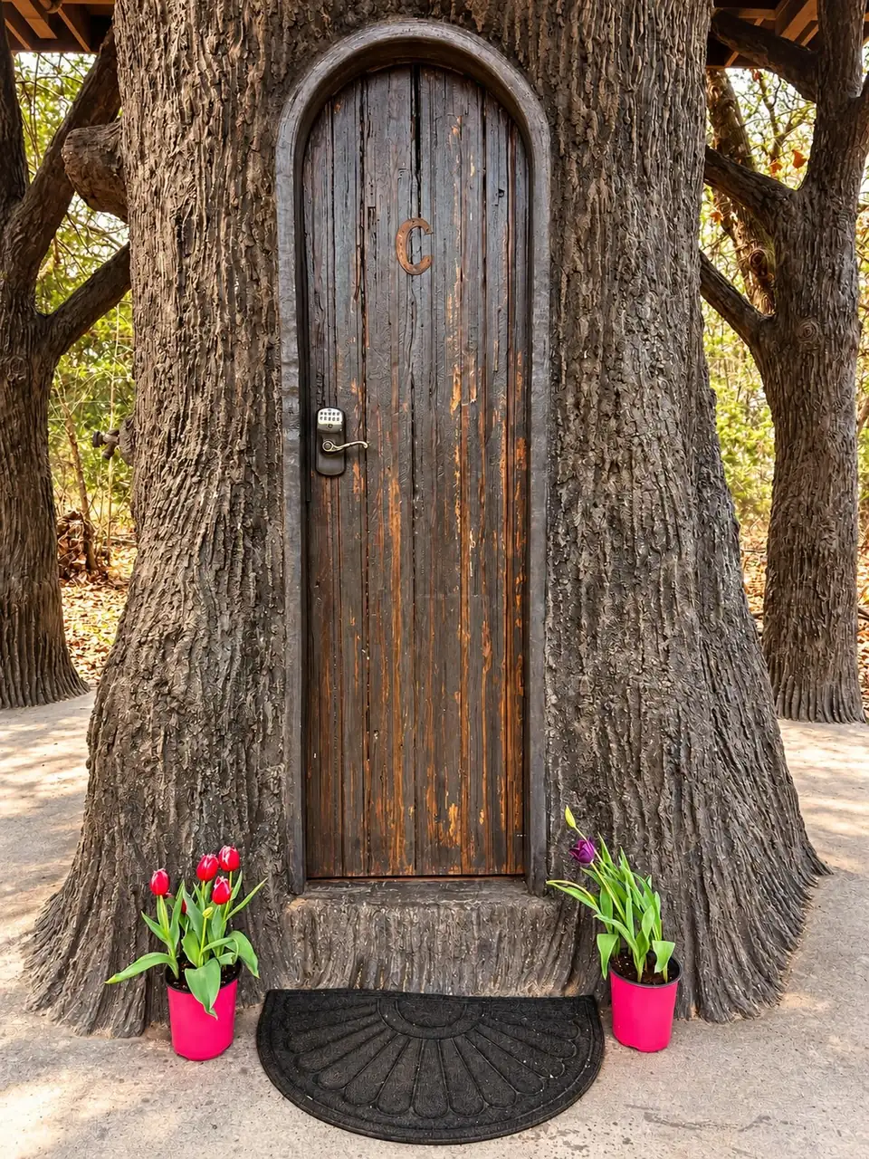 Arched wooden front door set into the base of the tree, with tulips on either side